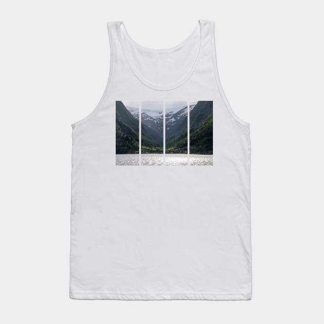 Wonderful landscapes in Norway. Vestland. Beautiful scenery of Buerbreen glacier. Sandvevatnet lake. Mountains, trees, rocks and houses in background. Cloudy day Tank Top by fabbroni-art